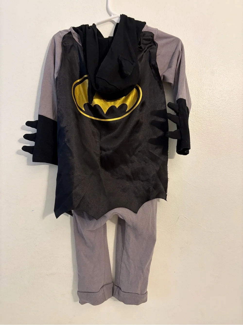 Batman Gray and Black Hooded Toddler Superhero Romper with Yellow Emblem. 24 mos